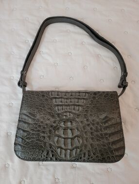 Genuine Caiman Crocodile Hornback Crossbody Bag - Adjustable Strap  Olive Gray